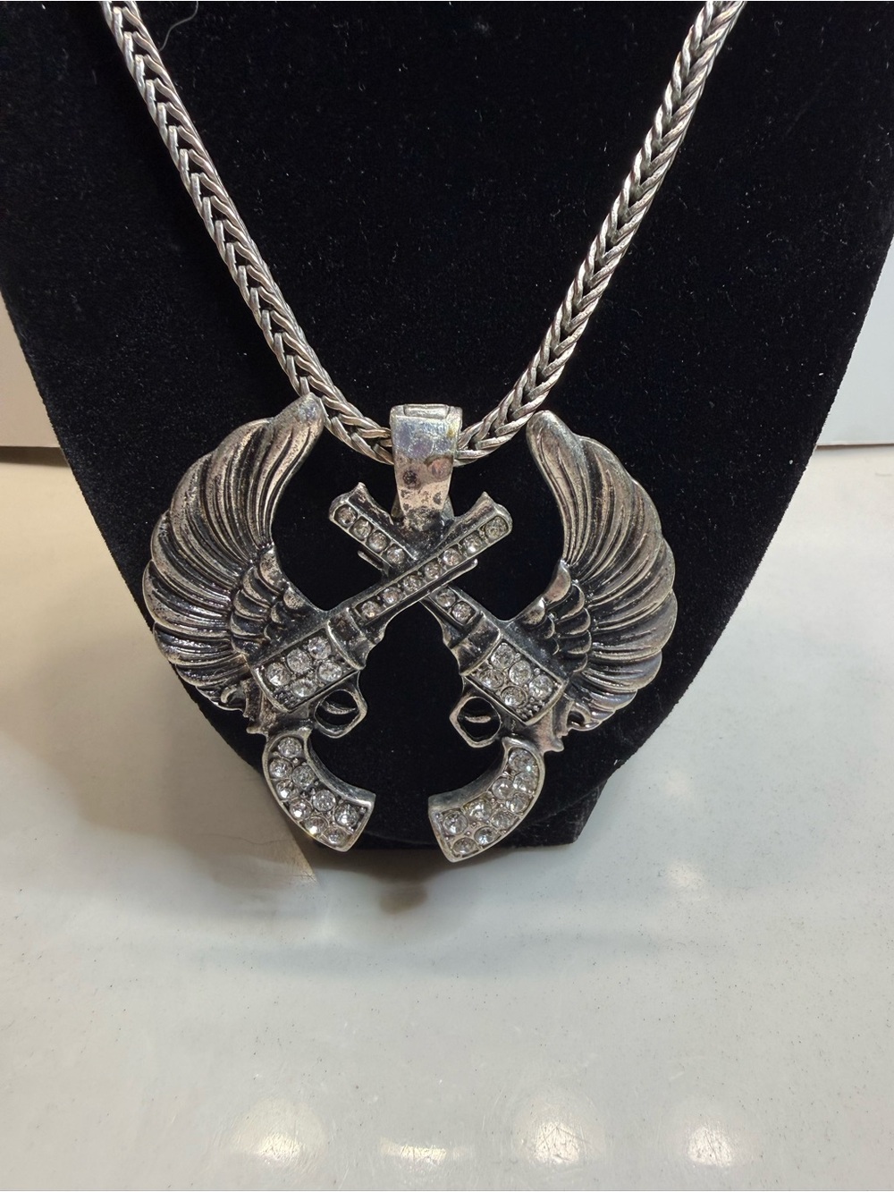 Winged Pistols Rhinestone Pendant Necklace - Silver Tone